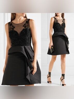 Marchese Notte Black Lace Appliqué Peplum Cocktail Dress Size 0 XS